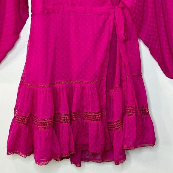 Not So Serious Anthro Swiss Dot Smocked Cuffs Wrap Mini Dress Pink Women XL NWT - Picture 10 of 12